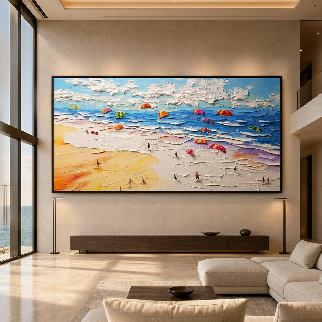 SEASIDE CELEBRATION: Colorful Beach Umbrellas Impasto Canvas