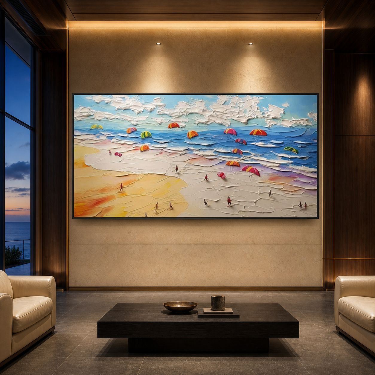SEASIDE CELEBRATION: Colorful Beach Umbrellas Impasto Canvas