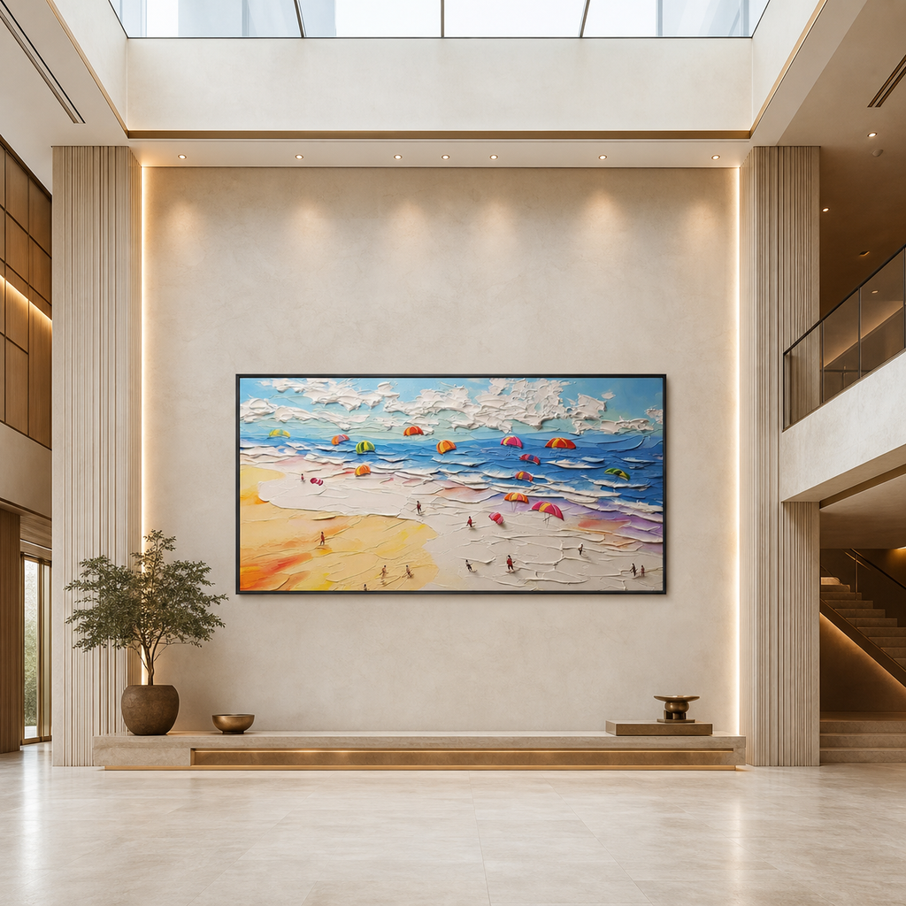 SEASIDE CELEBRATION: Colorful Beach Umbrellas Impasto Canvas