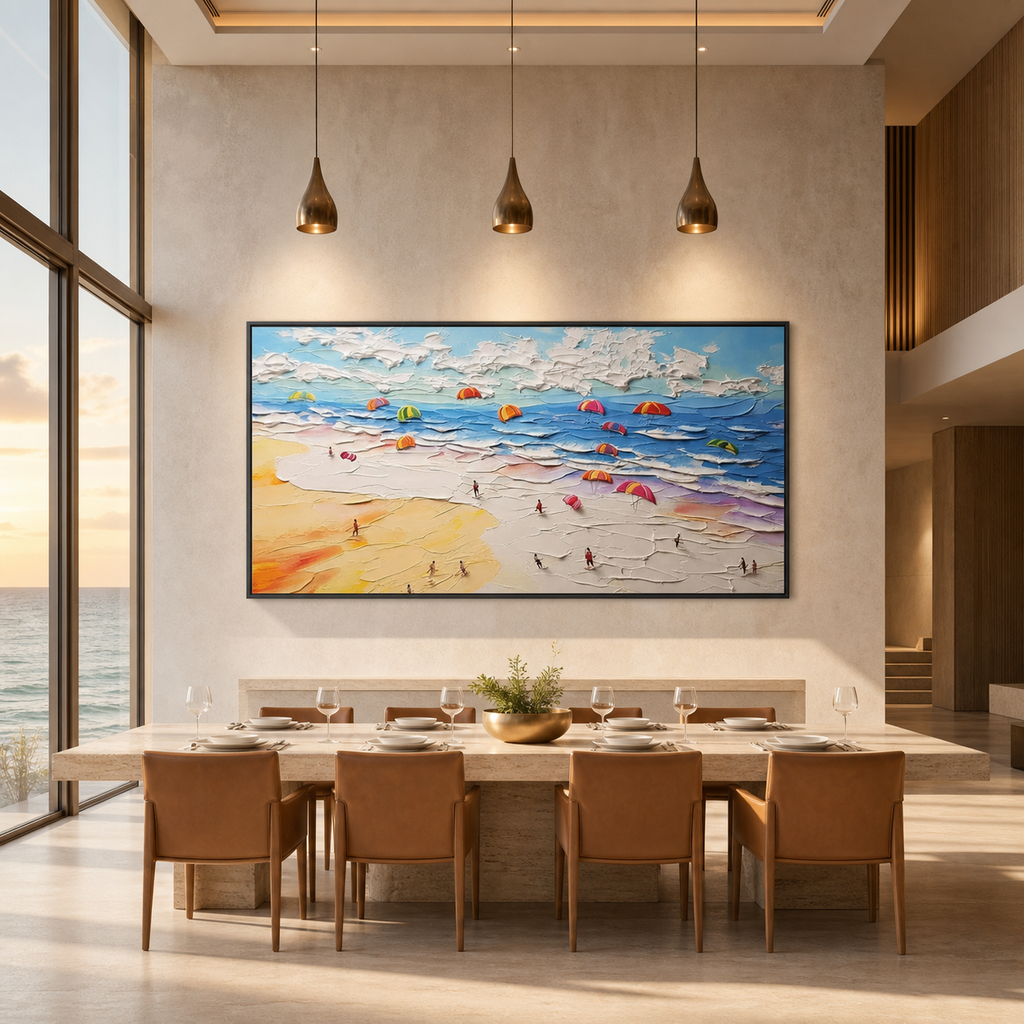 SEASIDE CELEBRATION: Colorful Beach Umbrellas Impasto Canvas