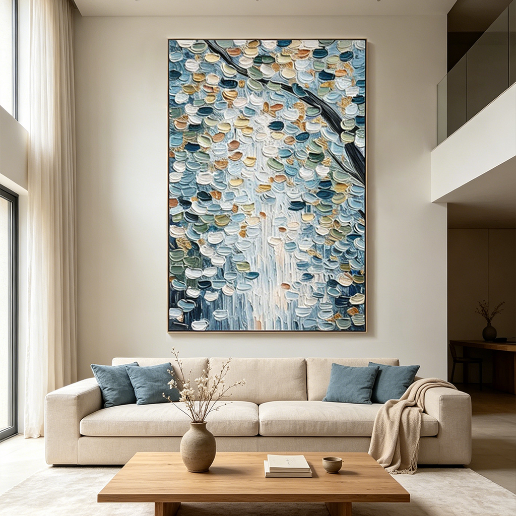 SERENE CASCADE: Textured Impasto Cool Blues Falling Leaves Canvas