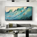 Panoramic Ocean Painting of Surfers on a Majestic Wave