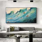 Panoramic Ocean Painting of Surfers on a Majestic Wave