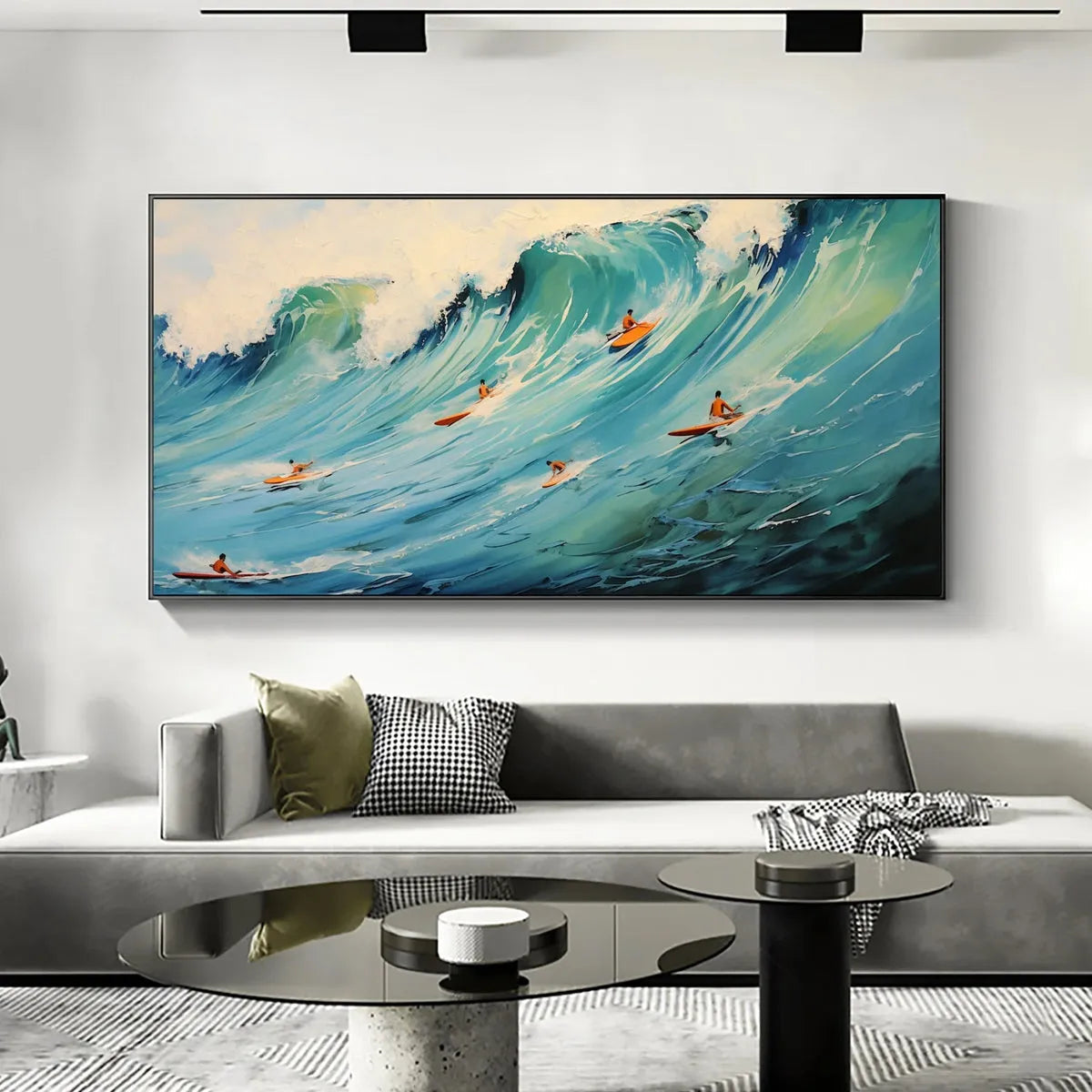 Panoramic Ocean Painting of Surfers on a Majestic Wave