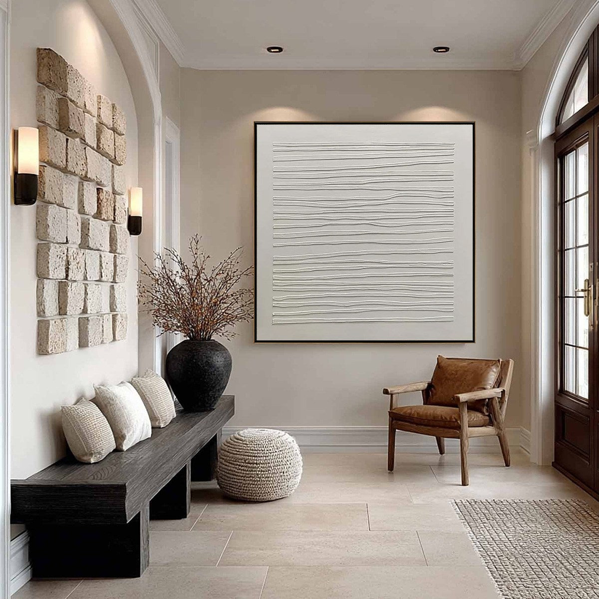 SERENE LINES: Textured White Raised Lines Minimalist Oil Painting
