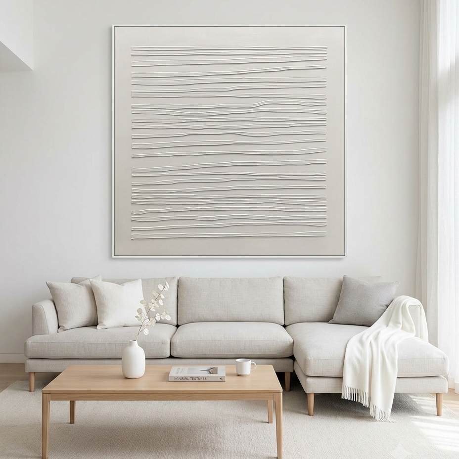 SERENE LINES: Textured White Raised Lines Minimalist Oil Painting