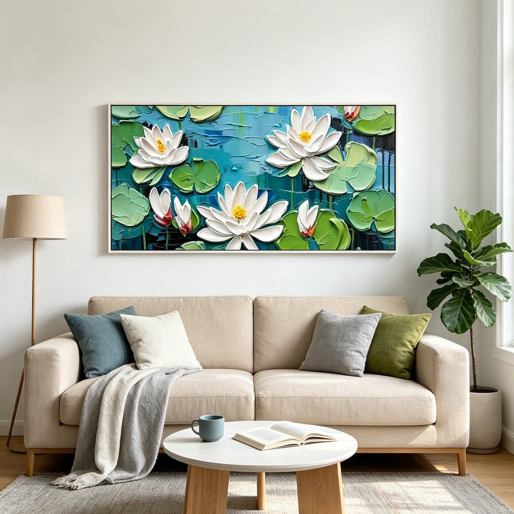 SERENE LOTUS POND: Textured Impasto Water Lilies Canvas