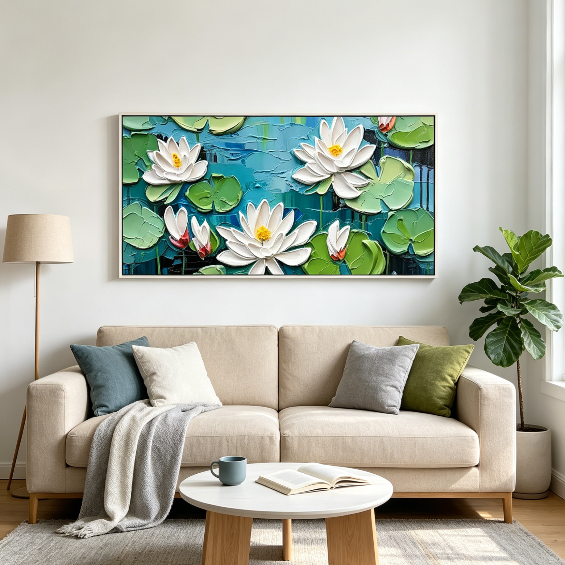 SERENE LOTUS POND: Textured Impasto Water Lilies Canvas
