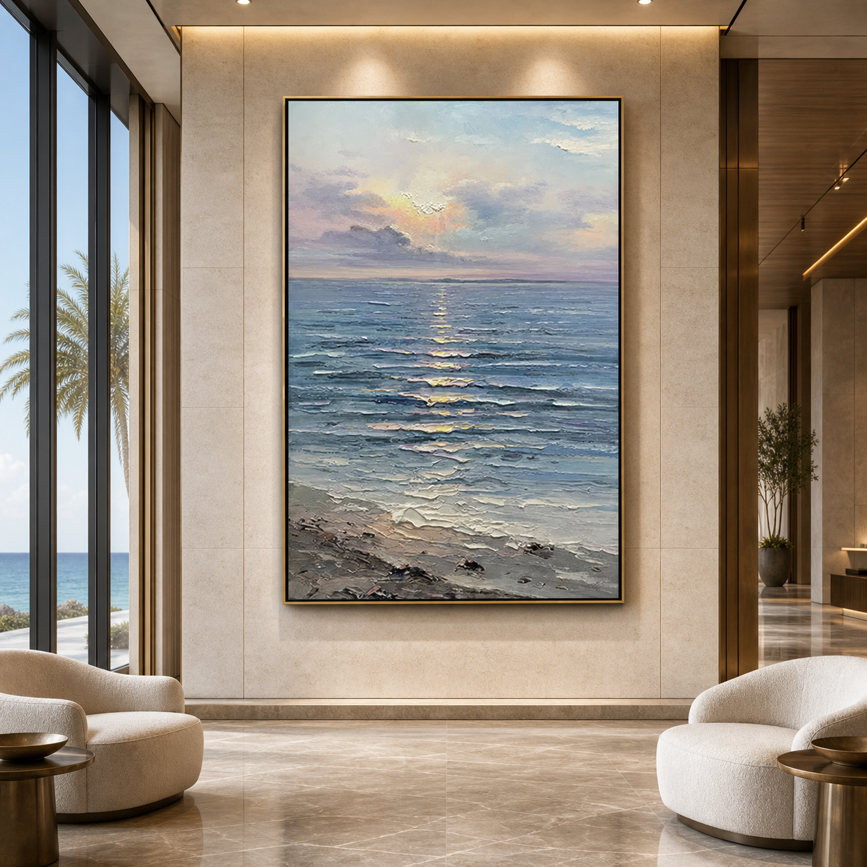 SERENE SEASCAPE: Soft Sunlit Ocean Textured Minimalist Canvas
