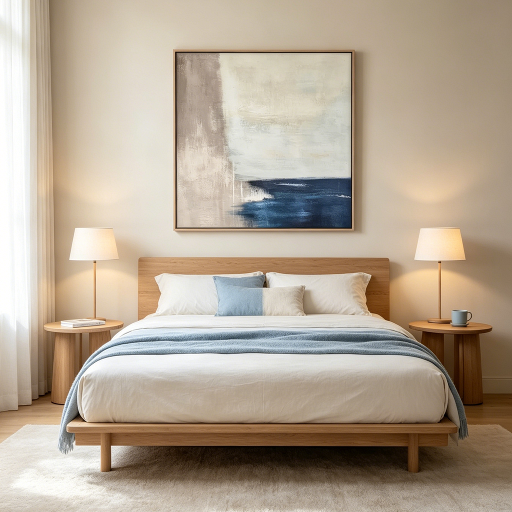 SERENE SHORE: Blue And Beige Minimalist Abstract Coastal Square Canvas