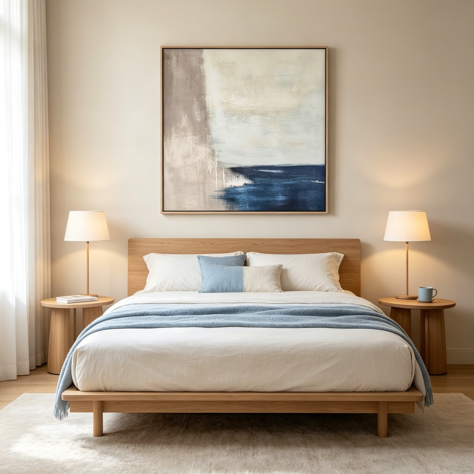 SERENE SHORE: Blue And Beige Minimalist Abstract Coastal Square Canvas