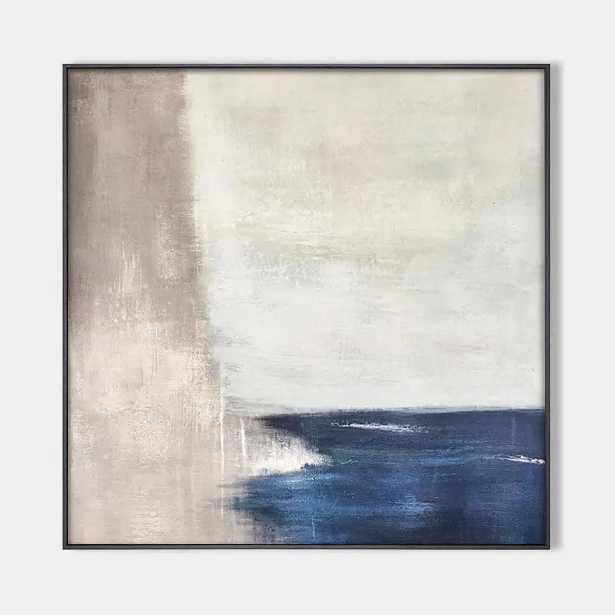 Serene Shore minimalist abstract coastal painting by Javier Ramirez, blue and beige tones, modern art for home decor.