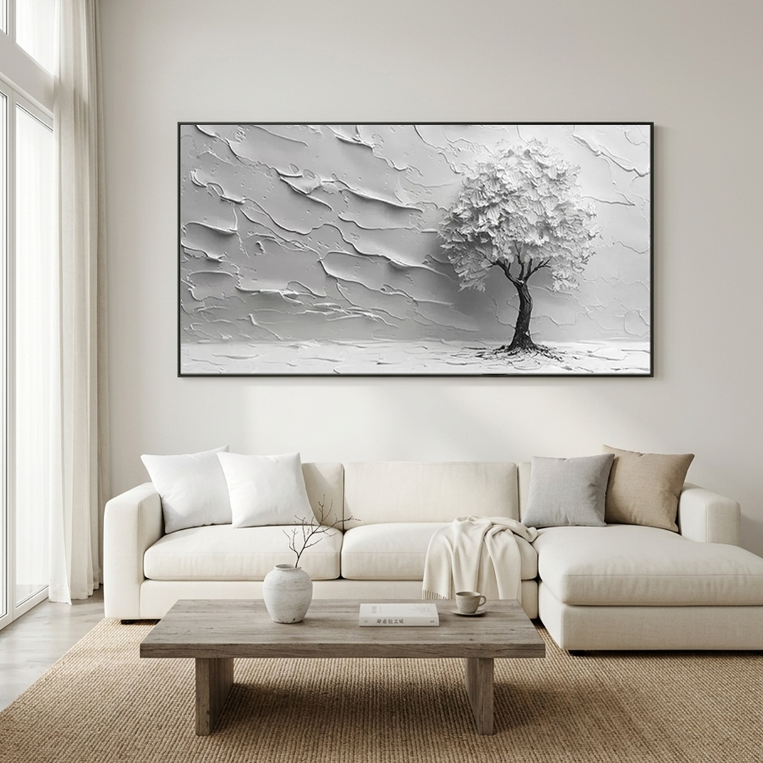 SERENE TREE: Impasto Solitary Tree Monochromatic Panoramic Canvas