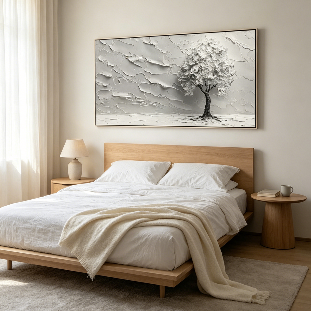 SERENE TREE: Impasto Solitary Tree Monochromatic Panoramic Canvas