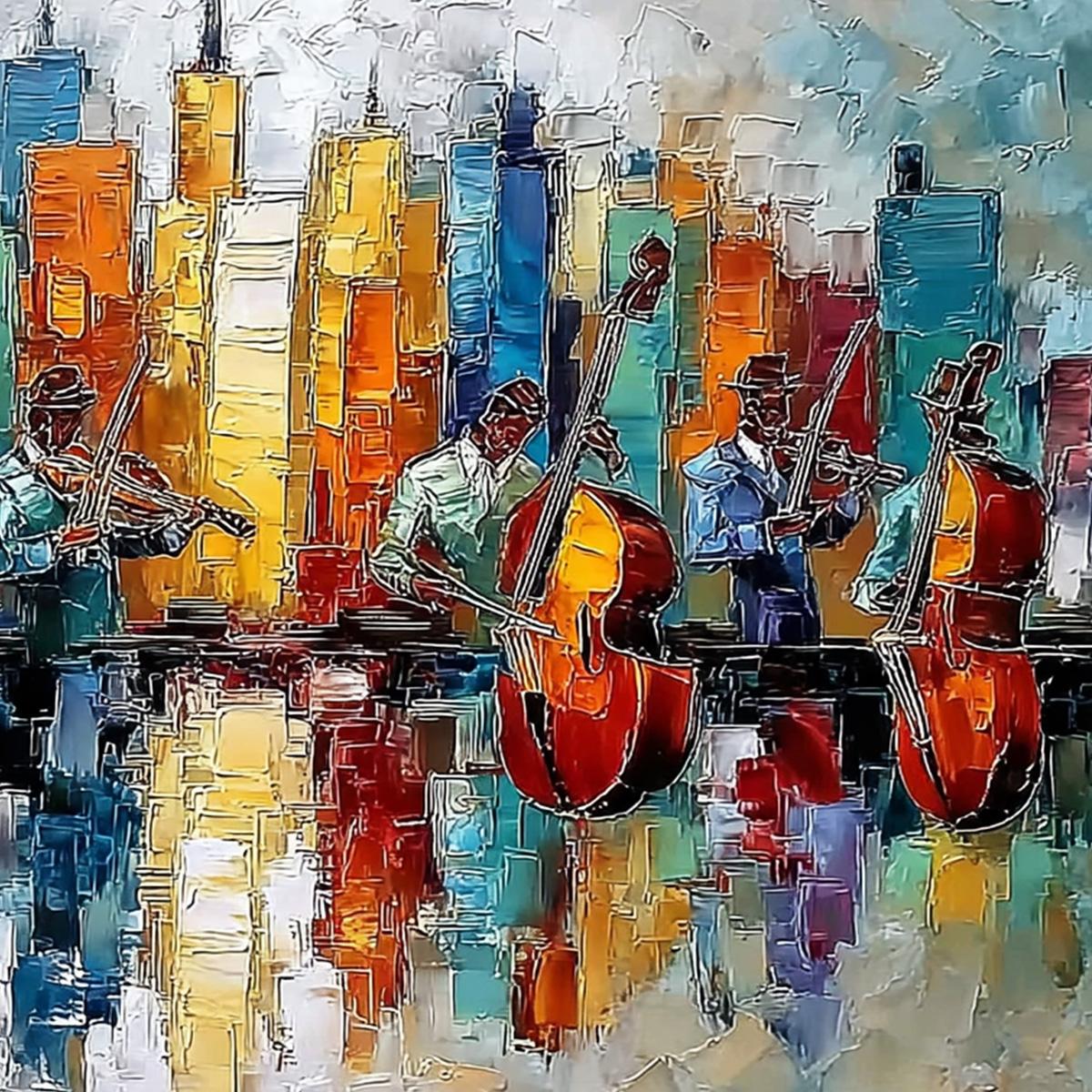 SKYLINE SONATA: Textured Palette Knife Painting of Musicians and Cityscape