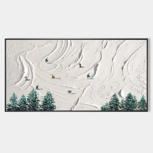 SNOWY PEAKS textured minimalist winter painting with skiers, Javier Ramirez, product details.