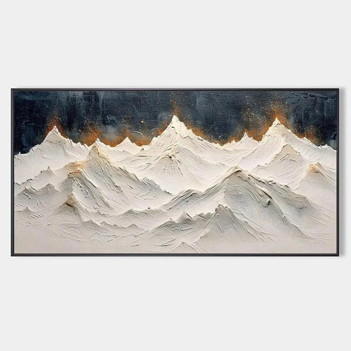 Textured white and gold impasto mountain painting for living room, 'SNOWY PEAKS' by Liam O'Connell.