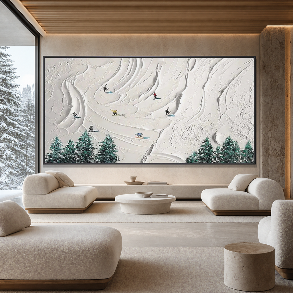 SNOWY PEAKS: White Snow Skiers Minimalist Textured Canvas