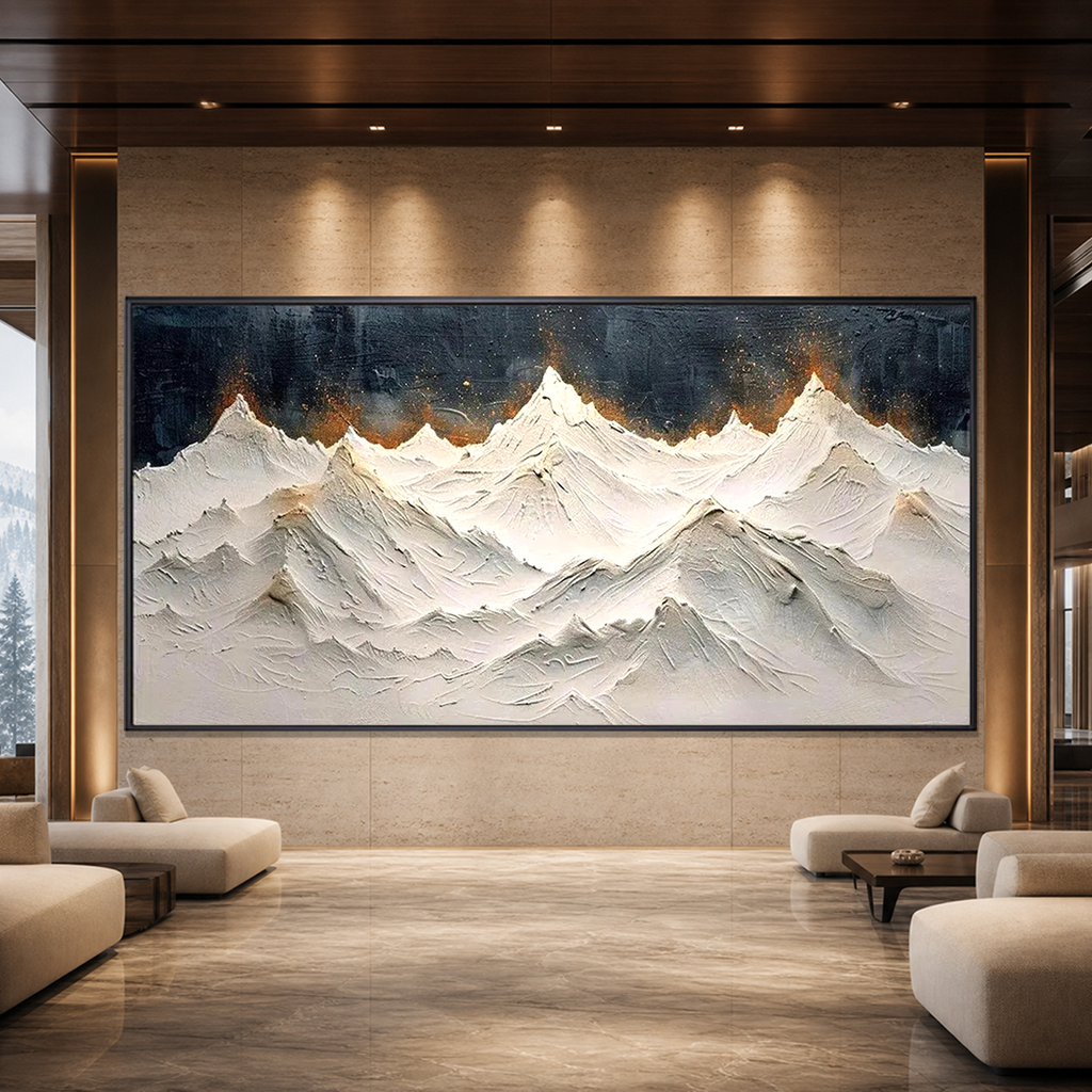 SNOWY PEAKS: White Gold Impasto Mountain Wabi Sabi Canvas