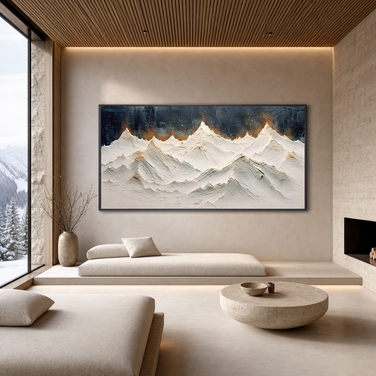 SNOWY PEAKS: White Gold Impasto Mountain Wabi Sabi Canvas