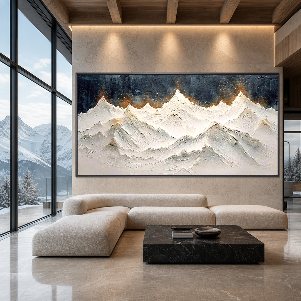 SNOWY PEAKS: White Gold Impasto Mountain Wabi Sabi Canvas