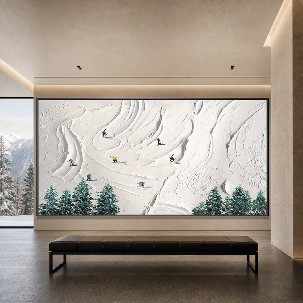 SNOWY PEAKS: White Snow Skiers Minimalist Textured Canvas