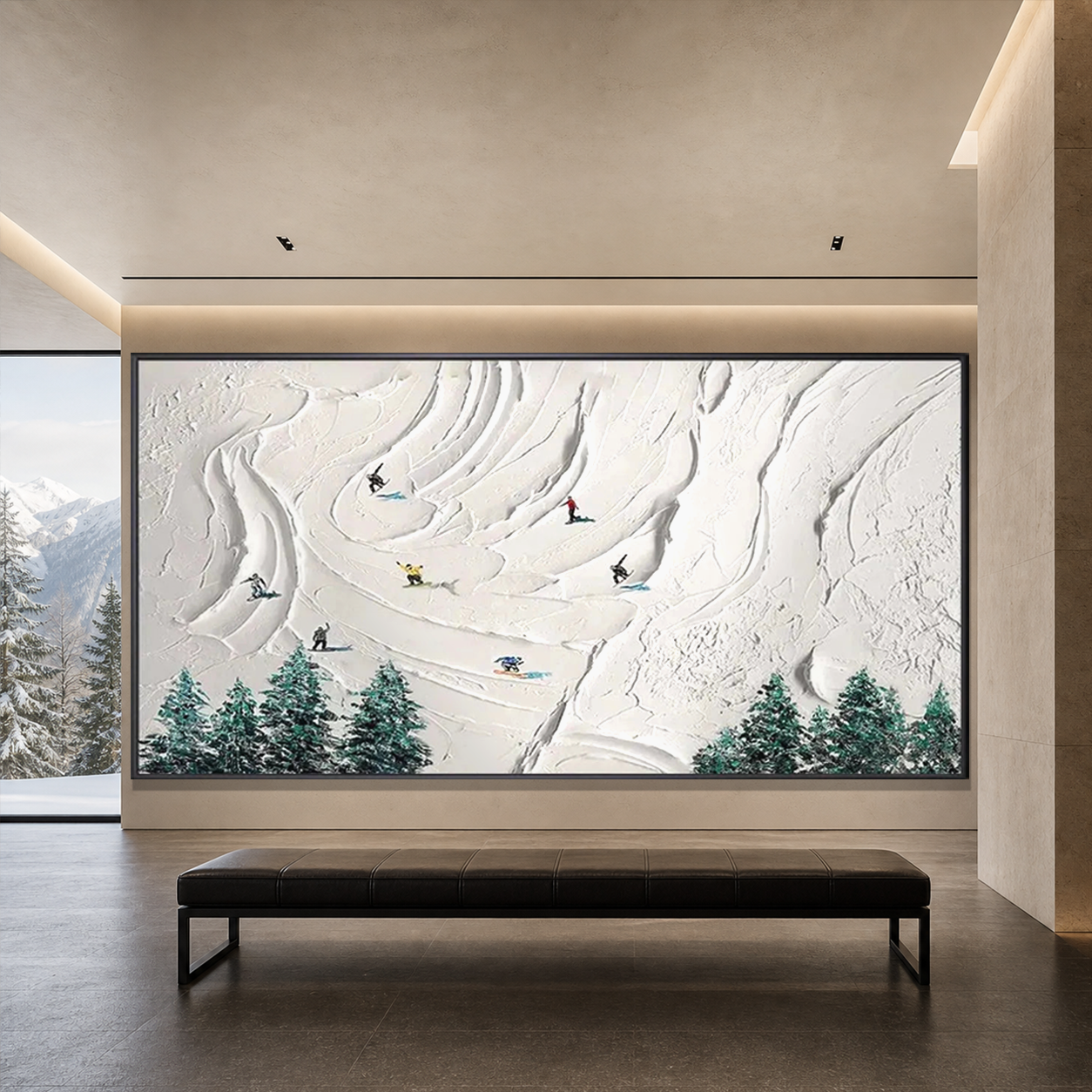 SNOWY PEAKS: White Snow Skiers Minimalist Textured Canvas