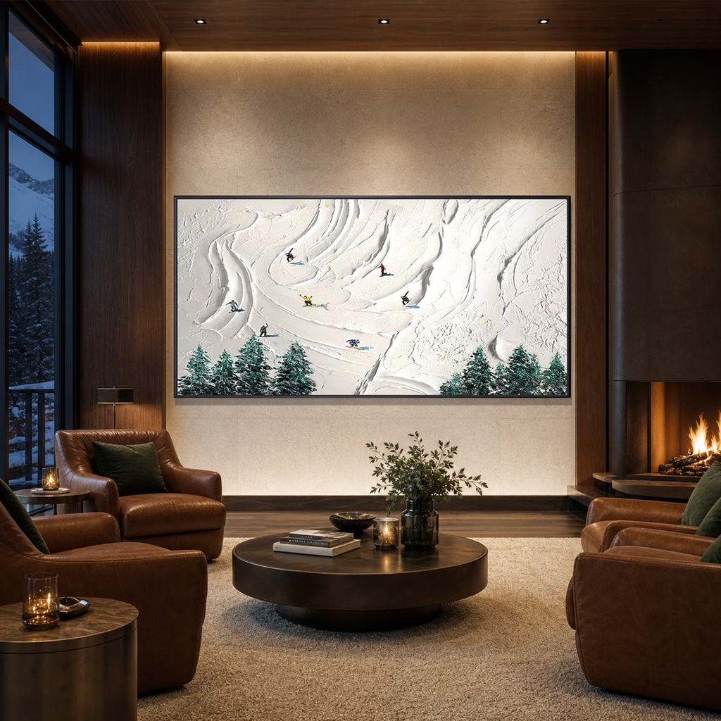 SNOWY PEAKS: White Snow Skiers Minimalist Textured Canvas