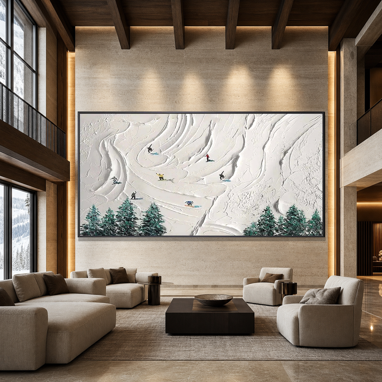 SNOWY PEAKS: White Snow Skiers Minimalist Textured Canvas