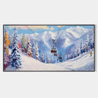SNOWY SLOPES: Panoramic ski resort oil painting by Chak Yu Lam with ski lift, snow-covered mountains and vibrant trees.