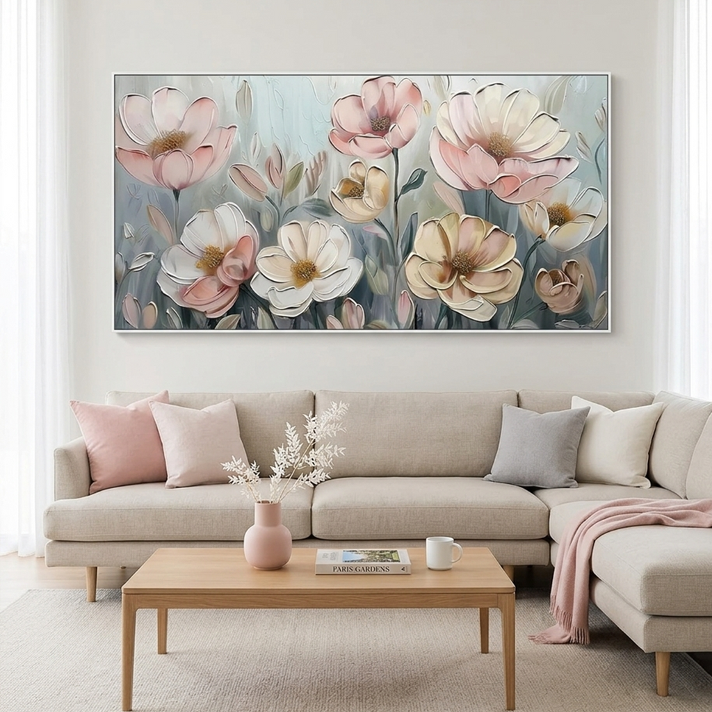 SOFT BLOSSOMS: Pink White Impasto Floral Painting French Romantic Canvas