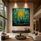 SOLAR FOREST: Yellow Sun Dark Textured Forest Impasto Canvas