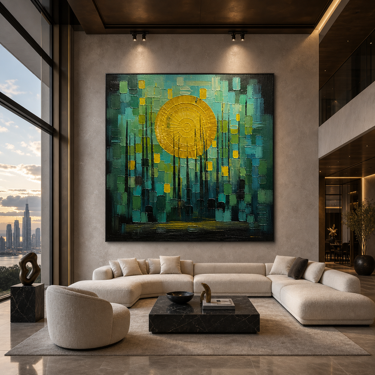 SOLAR FOREST: Yellow Sun Dark Textured Forest Impasto Canvas