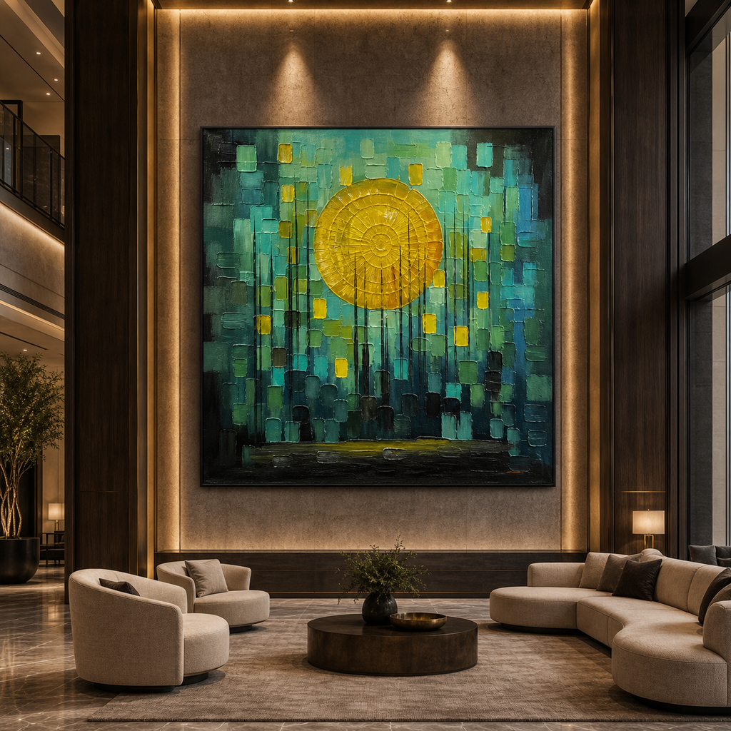 SOLAR FOREST: Yellow Sun Dark Textured Forest Impasto Canvas