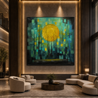 SOLAR FOREST: Yellow Sun Dark Textured Forest Impasto Canvas