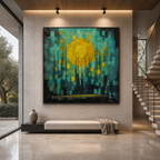 SOLAR FOREST: Yellow Sun Dark Textured Forest Impasto Canvas