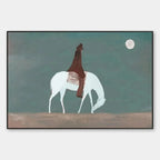 Solitary Rider minimalist painting by Liam O'Connell, featuring a white horse and rider under a full moon, in a black frame.