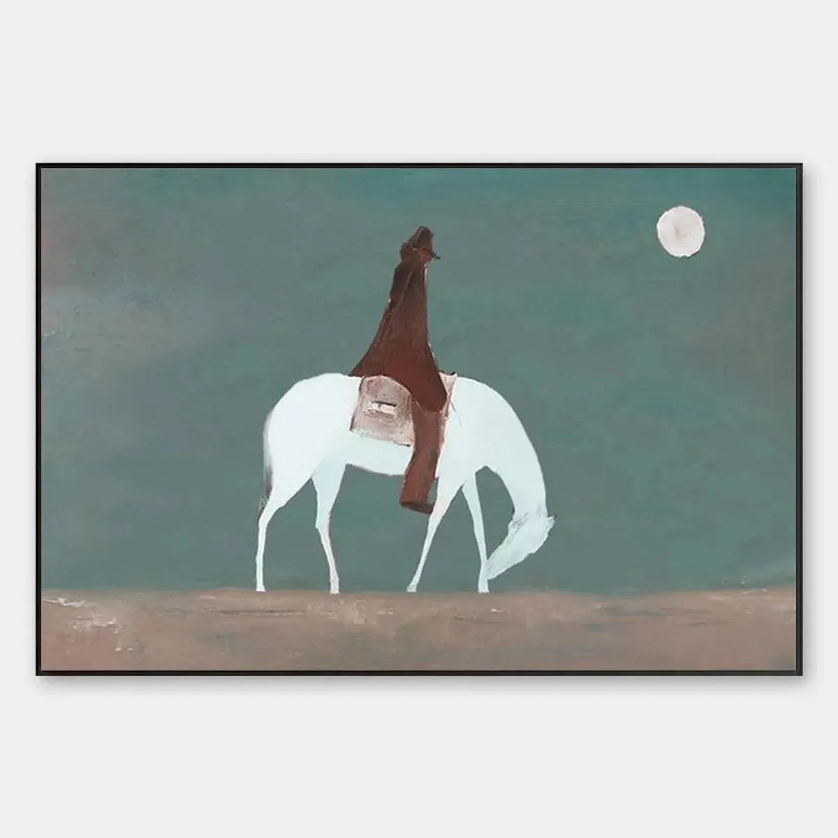 Solitary Rider minimalist painting by Liam O'Connell, featuring a white horse and rider under a full moon, in a black frame.