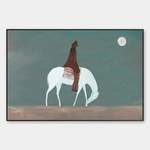 Solitary Rider minimalist painting by Liam O'Connell, featuring a white horse and rider under a full moon, in a black frame.