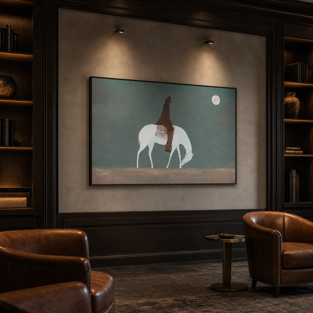 SOLITARY RIDER: Lone Horseback Figure Vast Landscape Muted Minimalist Canvas