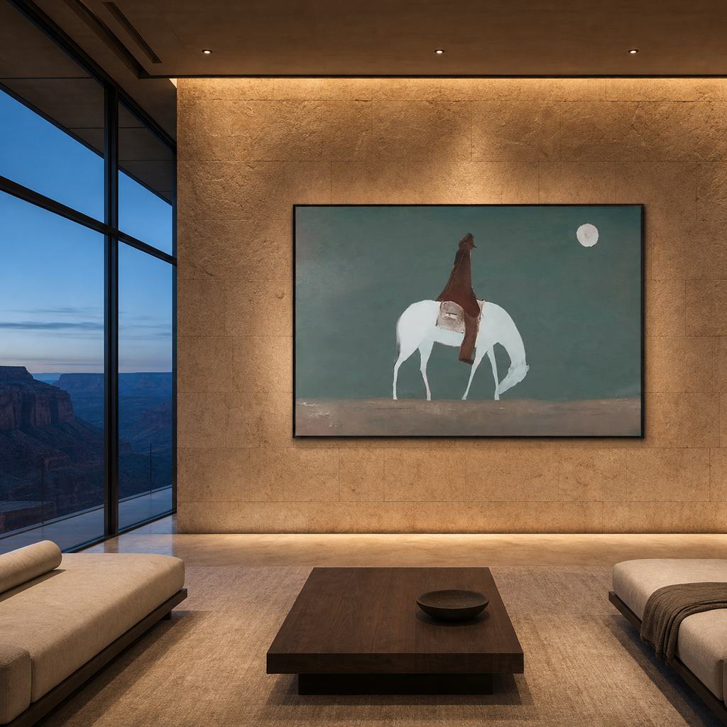 SOLITARY RIDER: Lone Horseback Figure Vast Landscape Muted Minimalist Canvas