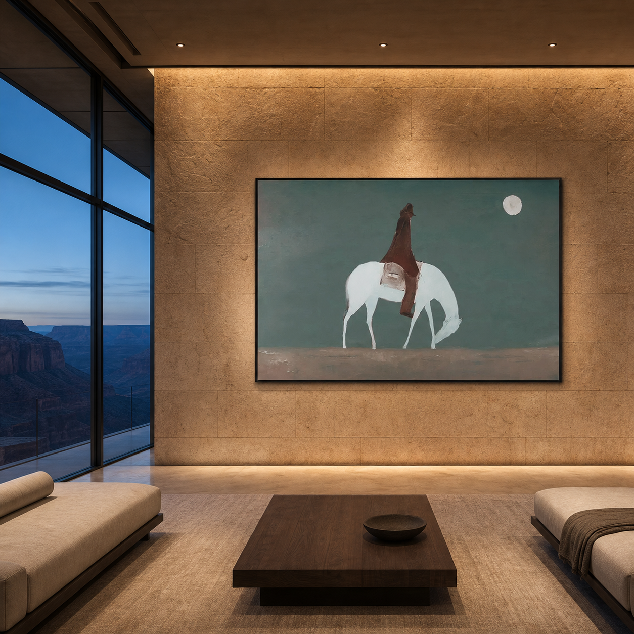 SOLITARY RIDER: Lone Horseback Figure Vast Landscape Muted Minimalist Canvas