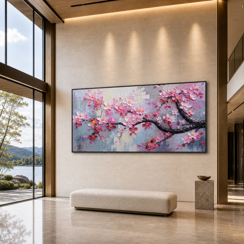 SPRINGTIME SERENADE: Soft Pink Cherry Blossoms Textured Canvas
