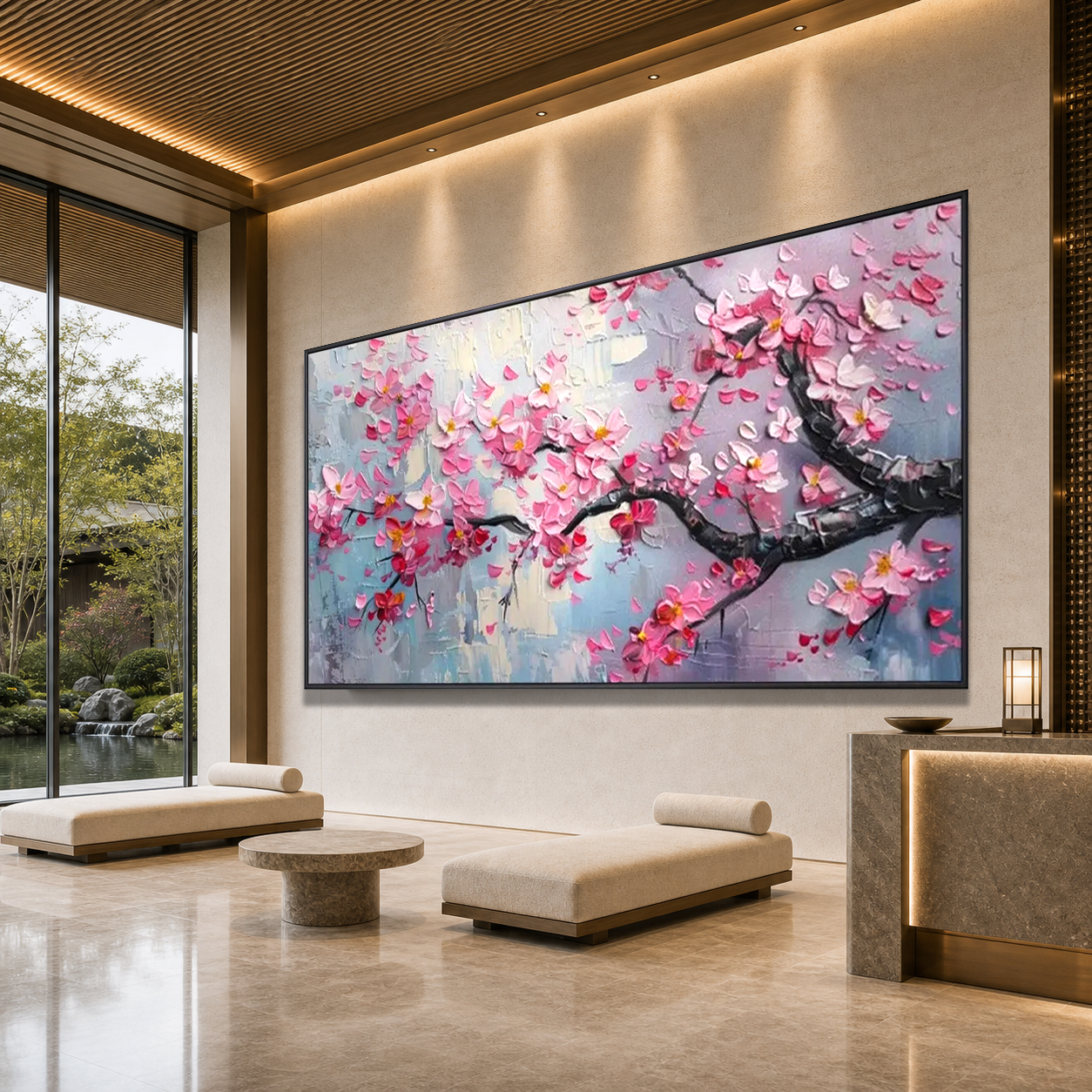 SPRINGTIME SERENADE: Soft Pink Cherry Blossoms Textured Canvas
