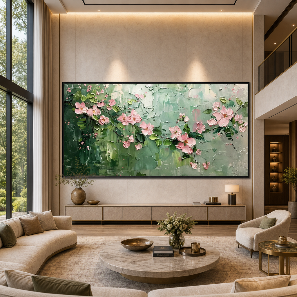 SPRING BLOSSOM: Pink Blossoms Soft Green Background Textured Canvas