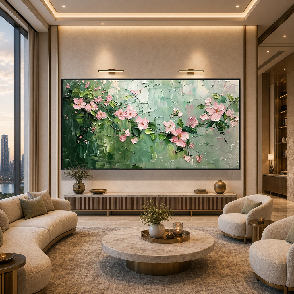 SPRING BLOSSOM: Pink Blossoms Soft Green Background Textured Canvas