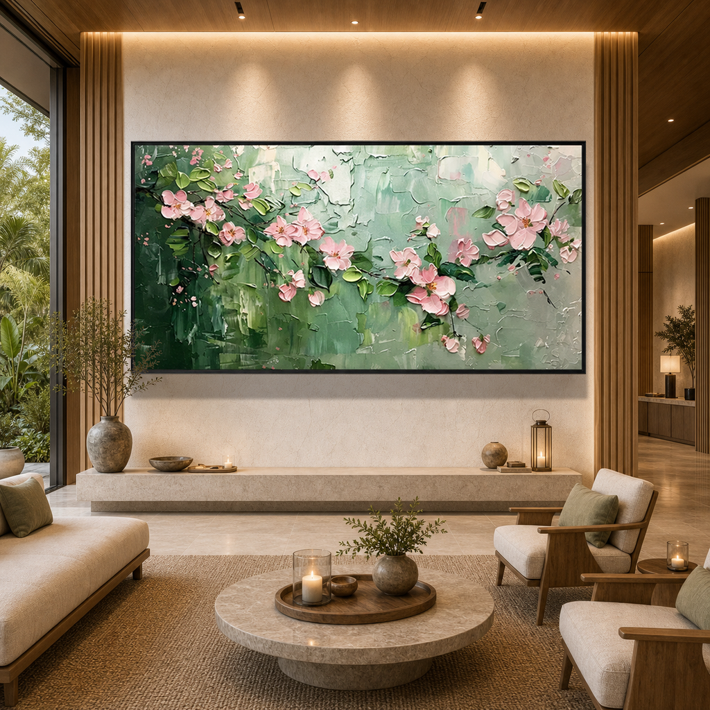 SPRING BLOSSOM: Pink Blossoms Soft Green Background Textured Canvas