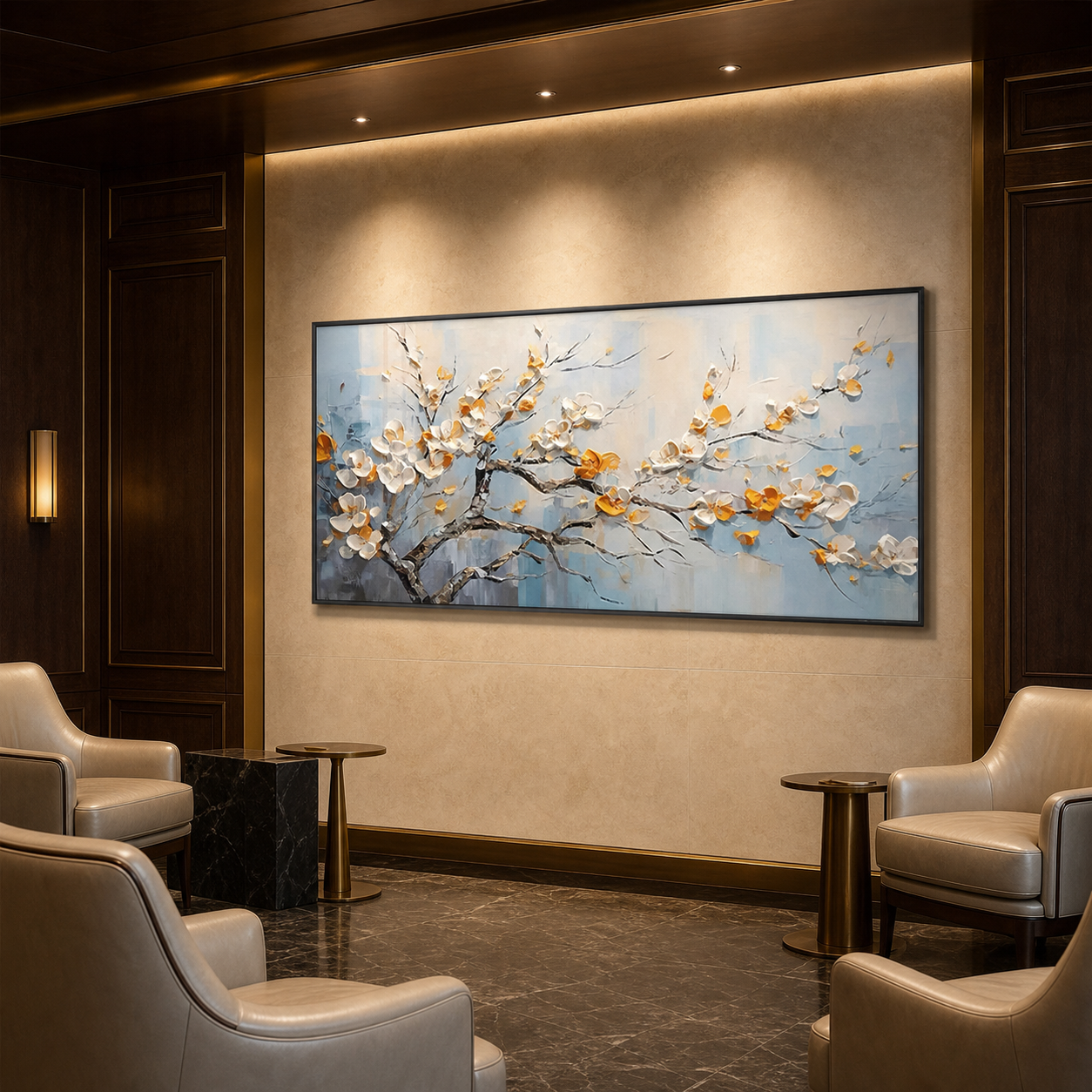 SPRING BLOSSOMS: White Gold Textured Blossoms Canvas