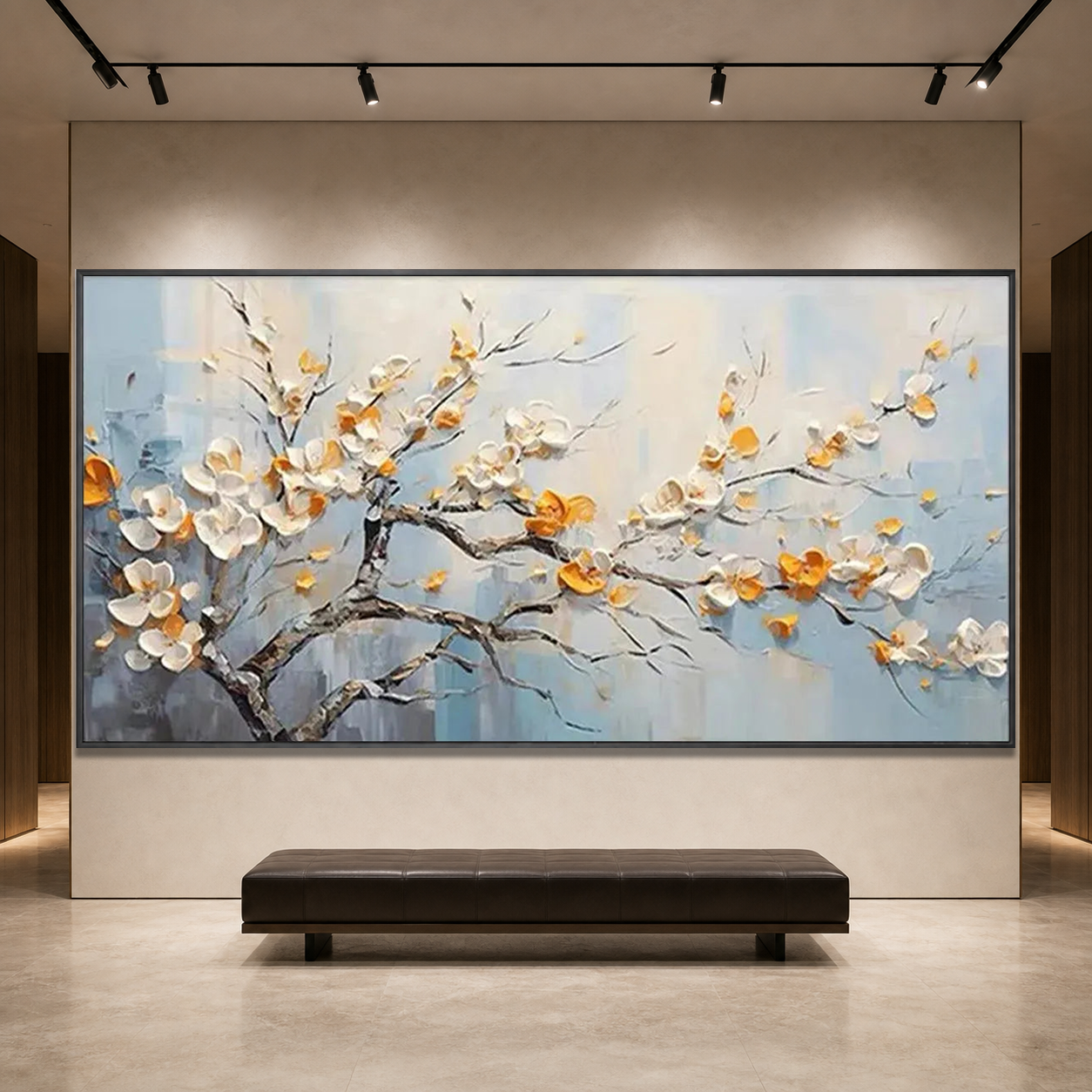 SPRING BLOSSOMS: White Gold Textured Blossoms Canvas