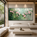 SPRING BLOSSOM: Pink Blossoms Soft Green Background Textured Canvas